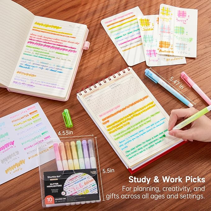 Glitter Highlighters, Shuttle Art 10 Sparkle Colors Chisel Tip Fluorescent Markers, Quick-Dry Non-Toxic Aesthetic Shimmer Highlighter Pens for Kids Teens Adults, Perfect for School Office Art Supplies-DeskLoop Office