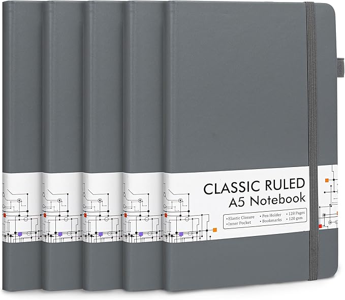 feela 5 Pack Journal Notebook Bulk for School, Hardcover Business Notebooks Classic Ruled Lined Journals with Pen Holder for Work Note Taking, with 5 Black Pens, 120 GSM, 5.1”x8.3”, A5, Gray-DeskLoop Office