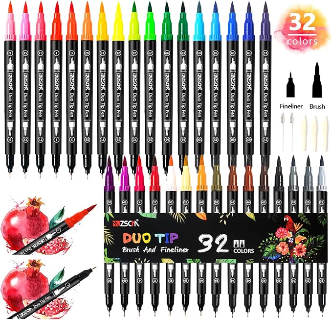 ZSCM 32 Colors Duo Tip Brush Markers Art Pen Set, Artist Fine and Brush Tip Colored Pens, for Adult Coloring Books Christmas Cards Drawing, Note taking Lettering Calligraphy Journaling-DeskLoop Office