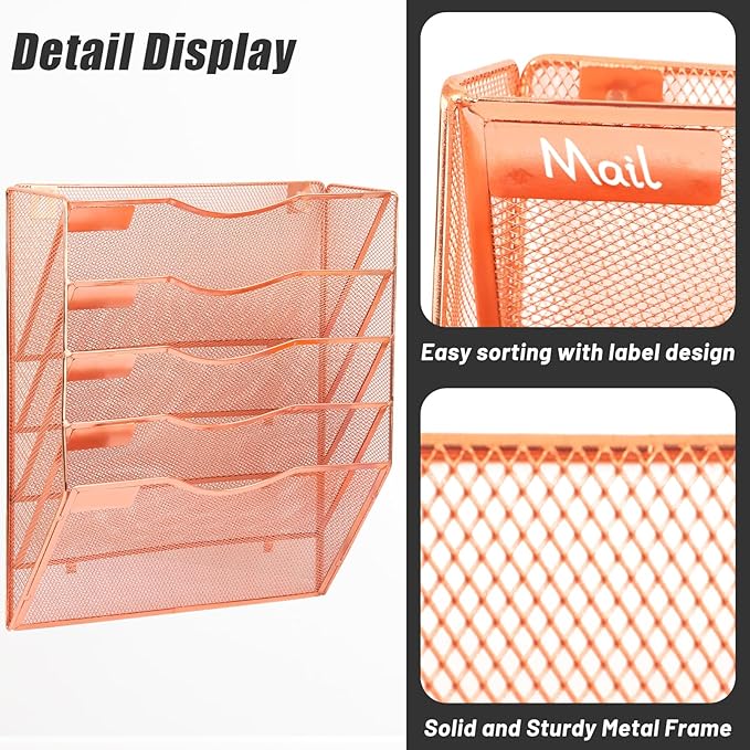 EASEPRES 5 Pocket Mesh Hanging Wall File Organizer, Wall Mounted Mail Paper Document Folder Holder, Clipboard Storage Organization Magazine Rack with Nametag Label for Office Home School, Rose Gold-DeskLoop Office