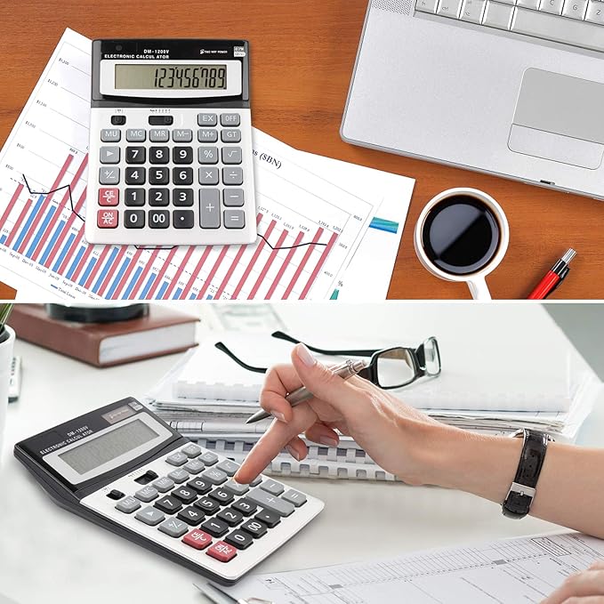 Large Electronic Calculator Counter Solar & Battery Power 12 Digit Display Multi-Functional Big Button for Business Office School Calculating (1 x Calculator)-DeskLoop Office