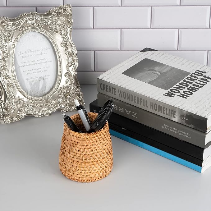 Wicker Rattan Pencil Holder, Handwoven Natural Rattan Pen Cup Organizer - Image 4