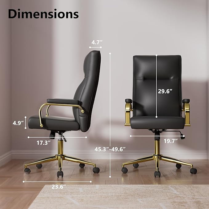 Black and Gold Office Chair Memory Foam, High Back Office Chair with Arms and Wheels, Leather Executive Computer Desk Chair with Back Support for Women Girls and Adults-DeskLoop Office