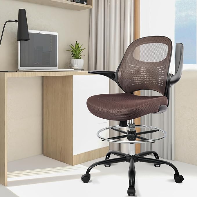 HYLONE Tall Drafting Chair Standing Desk Chair with Flip-Up Armrests, Adjustable Height Ergonomic Office Chair with Footrest Ring - High Stool Chair for Standing Desk (Brown)-DeskLoop Office