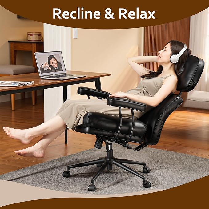 Faux Leather Executive Office Chair - Big and Tall Ergonomic Home Office Chair,Reclining Computer Desk Chair with Lumbar Support,Adjustable Task Chair Swivel Rolling PC Chair with Wheels,Black,PU-DeskLoop Office