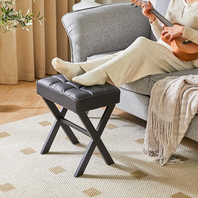 IBUYKE Square Makeup Stool with X-Leg Foot Rest, PU Footrest, Ottoman Seat Vanity Stool, Multi-Use as Small Side Table, for Bedroom, Living Room, Black LG-71B-DeskLoop Office