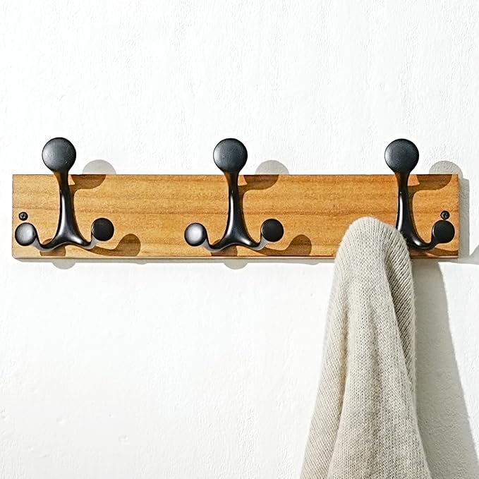 SKOLOO 17-Inch Light Brown Wood Coat Rack Wall Mount with 3 Triple Hooks - Ideal for Family Entrances, Classrooms, and Pet Supplies Storage - Perfect Coat Hooks for Wall-DeskLoop Office