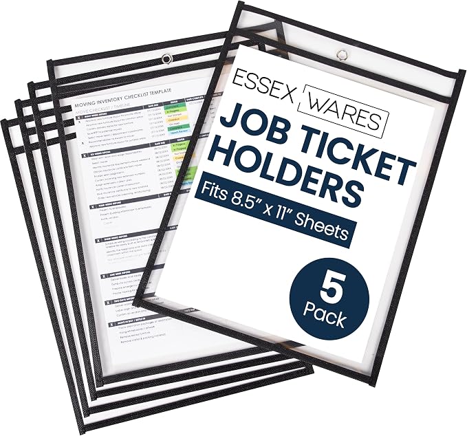 Essex Wares - 5 Pack, Job Ticket Holders, Reusable & Easy Erase Plastic Invoice by EssexWares