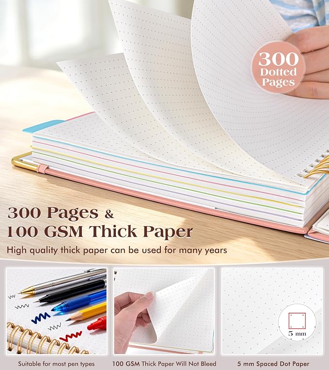 5 Subject Dotted Notebook with Removable Dividers Tabs, 300 Pages Hardcover - Image 5