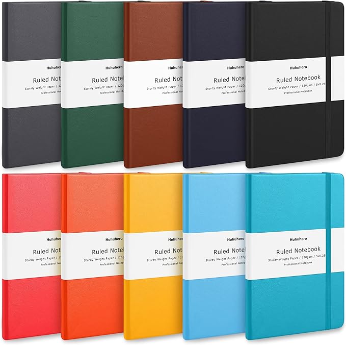 Huhuhero 10 Colors Lined Journal Notebook, A5 Hardcover Notebooks for Work, 120GSM Thick Paper, 128 Pages College Ruled Notebook for Writing Business Journaling, 5"×8.25"-DeskLoop Office