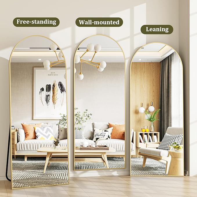 HARRITPURE 65"x24" Arched Full Length Mirror Free Standing & Wall-Mounted Full-Length Mirror with Stand Modern Gold Mirror for Living Room Bedroom Cloakroom Aluminum Frame-DeskLoop Office