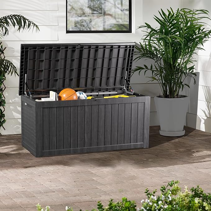 200 Gallon Lockable Resin Deck Box, Waterproof & UV-Resistant Outdoor Storage Box for Outdoor Cushion Storage, Garden Tools & Pool Accessories Storage, Black-DeskLoop Office
