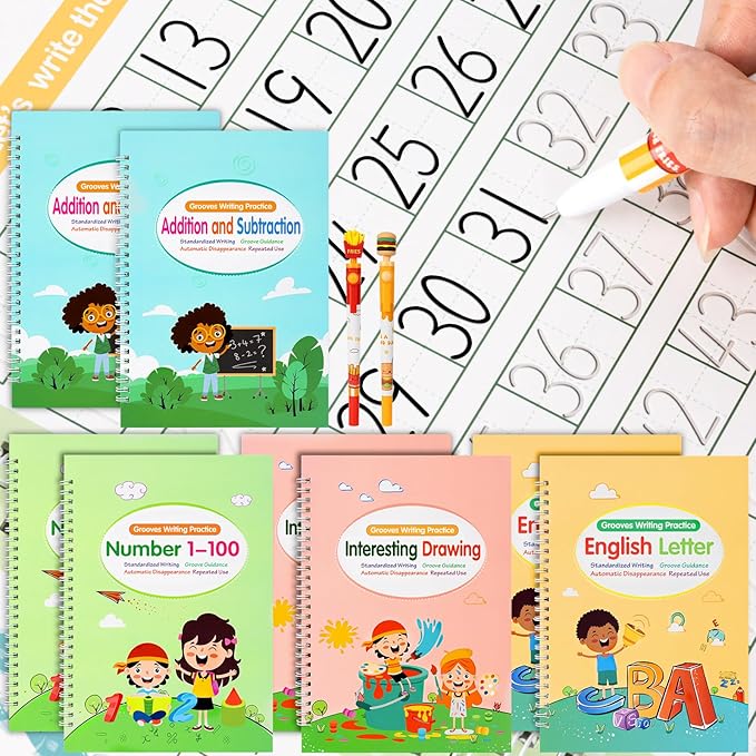Large Size Grooved Writing Books for Kids Age 3-5 6-8, 8 Pack Magic Grooved Writing Practice Copybooks, Handwriting Prastice with Cute Fade-Resistant Pens, Workbooks Number Letter Tracing for Kids-DeskLoop Office