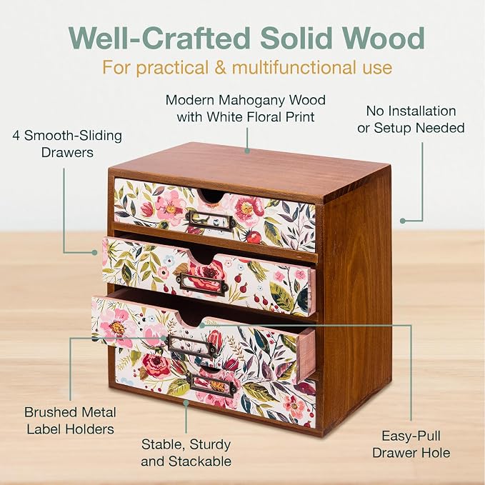 4-Drawer Vintage Desk Wood Storage Box - Image 9