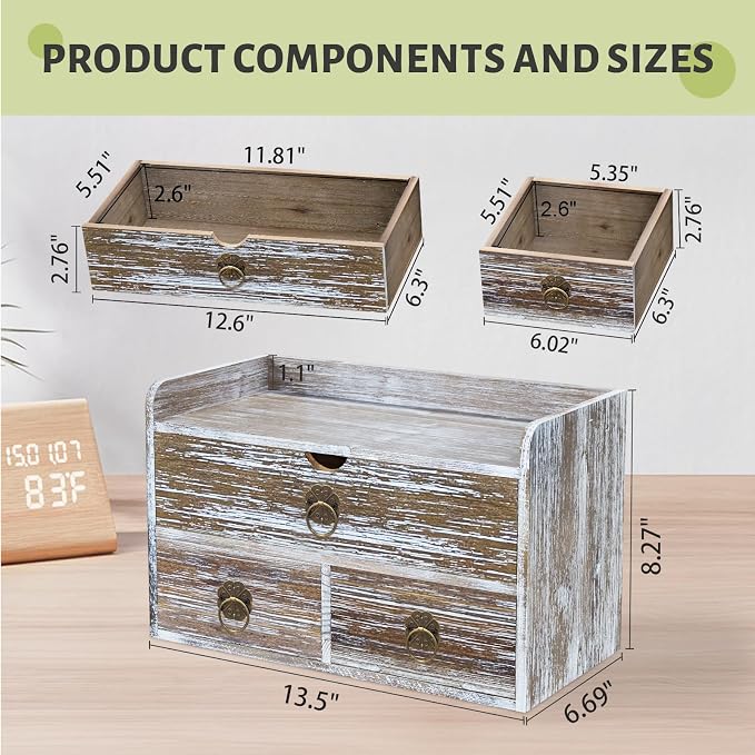 Wood Desk Organizer with Drawer, Washed Brown Wooden Desktop Organizer - Image 3