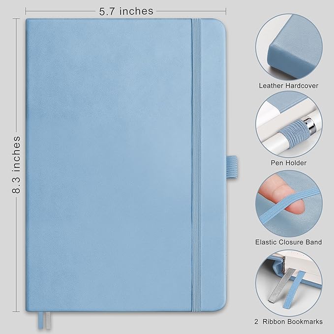 RETTACY Lined Journal Notebook, 192 Numbered Pages, A5 Medium Size (5.7'' x 8.3''), for Men & Women, Journaling, Writing, Work & Office, Leather Hardcover, 100 GSM Thick Paper (Light Blue)-DeskLoop Office