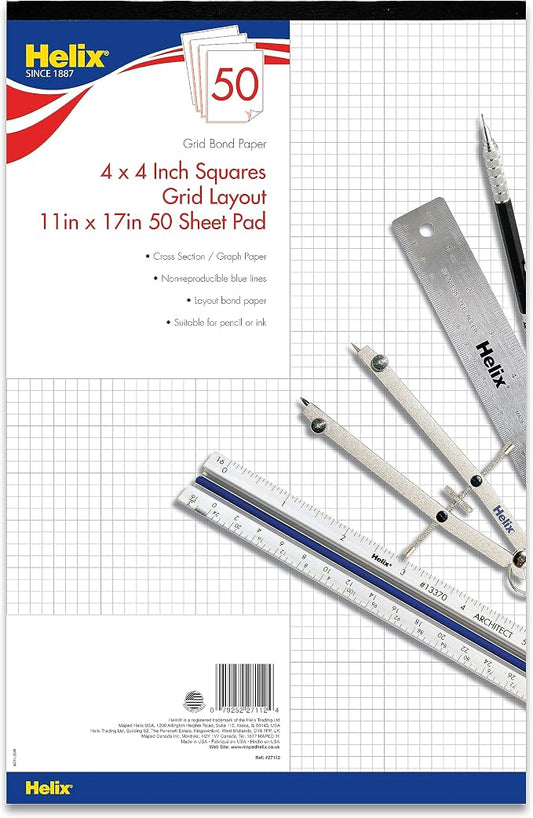 Helix - Bond Paper Pad - 1 Inch Equals 4x4 Grid - 11 Inch x 17 Inch - 50 Sheet by MapedHelixUSA