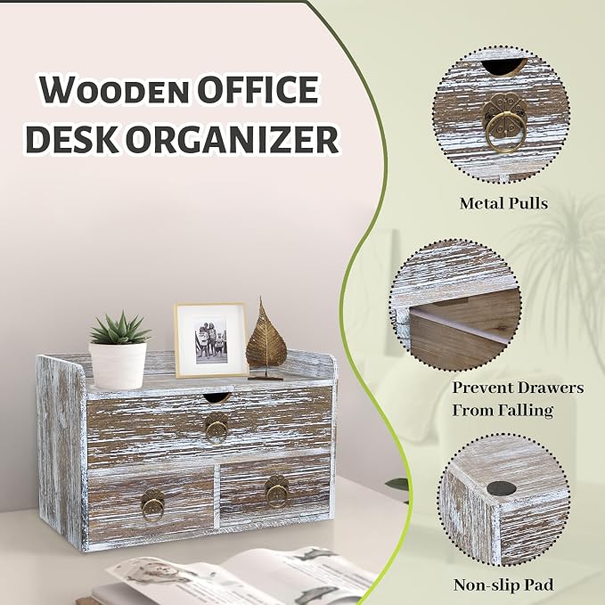 Wood Desk Organizer with Drawer, Washed Brown Wooden Desktop Organizer - Image 5