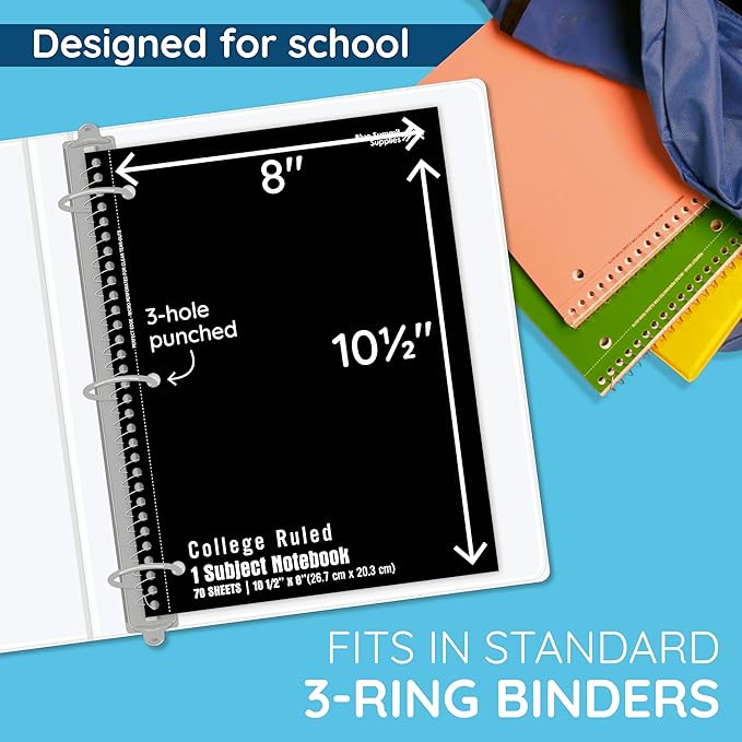 Blue Summit Black Spiral Notebooks Bulk, One Subject Spiral Notebook College Ruled, Perforated Notebook, 8 x 10.5 for Work and School, Paper, College Ruled, Bulk 48 Pack-DeskLoop Office