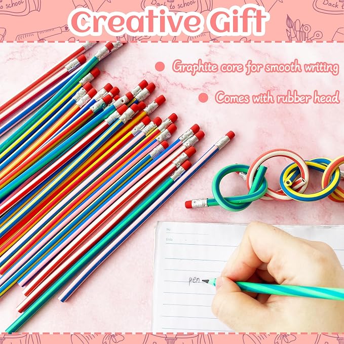 50 Pack Flexible Bendy Pencil, Colorful Stripe Soft Rubber Pencils - Image 4