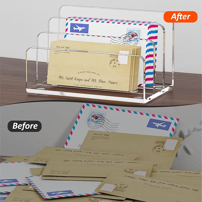 FUCDTEFC Desk Mail Organizer, 3 Section Clear Acrylic File Holder Letter - Image 4