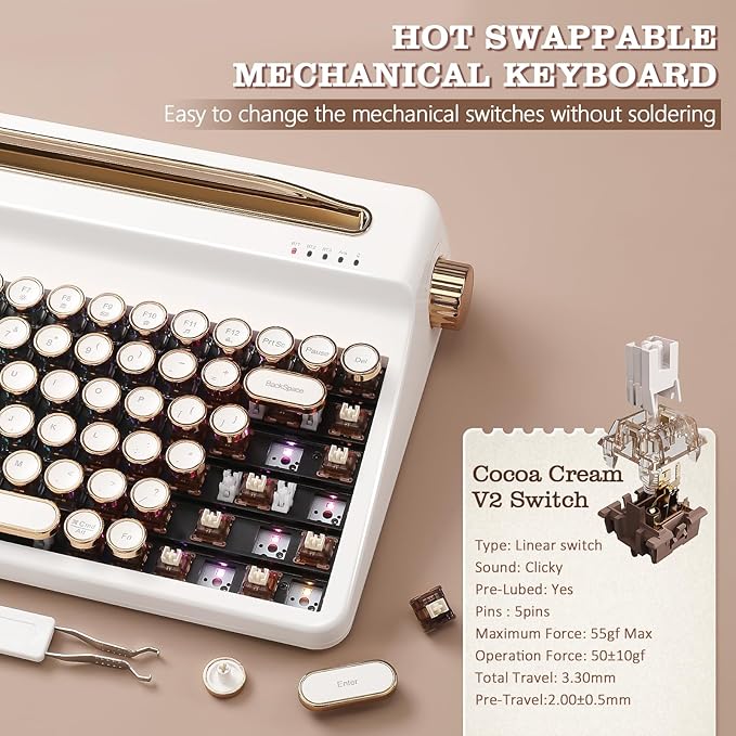 YUNZII QL75 Wireless Typewriter Hot Swap Retro Mechanical Keyboard,Punk Round Keycaps,RGB Backlit QMK/VIA Programmable, Multi-Device Keyboard with 2.4GHz/Type-C/BT5.0 (White, Cocoa Cream V2 Switch)-DeskLoop Office