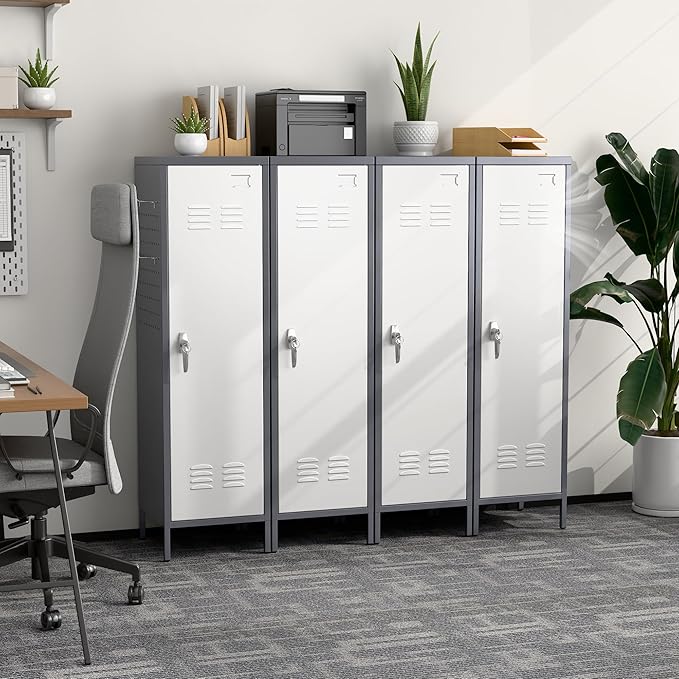 Aobabo Metal 54" H Metal Storage Locker for Employees, Lockable 1 Door with Towel Rack and 2 Side Pegboards with Hooks for Home School Office Gym, Assembly Required (Gray White)-DeskLoop Office