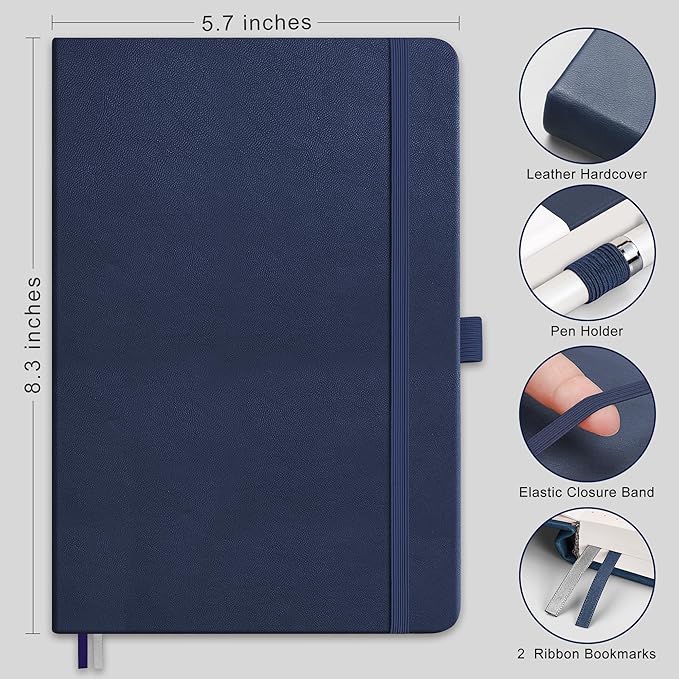 RETTACY Lined Journal Notebook, 192 Numbered Pages, A5 Medium Size (5.7'' x 8.3''), for Men & Women, Journaling, Writing, Work & Office, Leather Hardcover, 100 GSM Thick Paper (Navy Blue)-DeskLoop Office