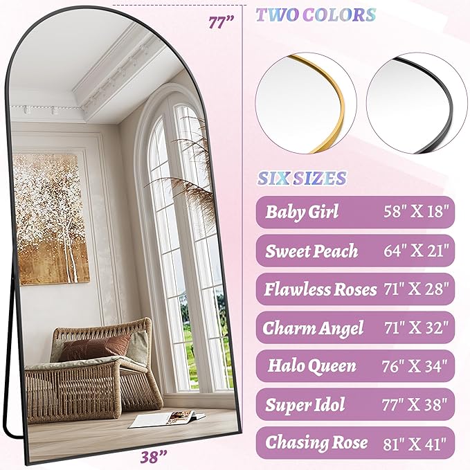 Full Length Mirror, 78"x38" Oversized Floor Mirror Freestanding, Full Body Floor Standing Mirror with Stand, Hanging Mounted for Bedroom Living Room, Black, Arched Style-DeskLoop Office