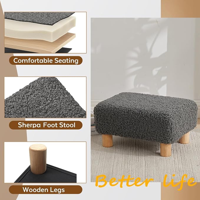 Small Foot Stool Ottoman, Sherpa Footstool Ottoman Foot Rest - Image 4