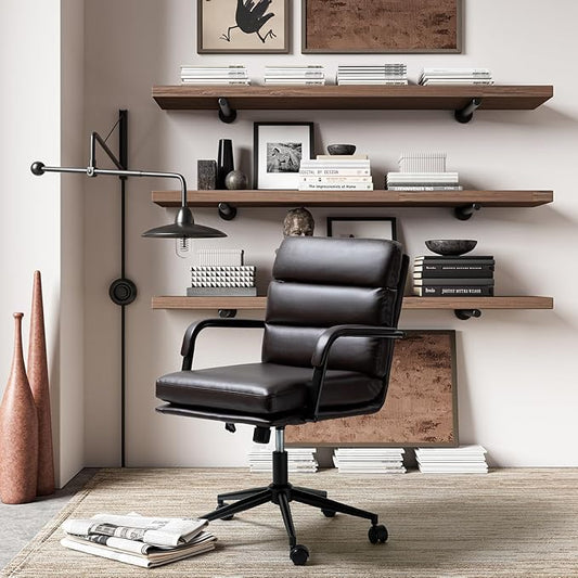 HULALA HOME Modern Faux Leather Home Office Chair with Tilt Lock & Metal Base, Desk Chair with Wheels & Padded Cushion, 360° Swivel Wide Seat Computer Task Chair, Brown