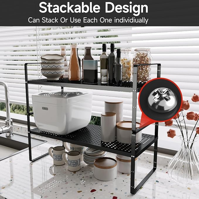 jkxoo 2Pack Expandable Cabinet Countertop Shelves 16.5-27’’L, Adjustable Metal - Image 5