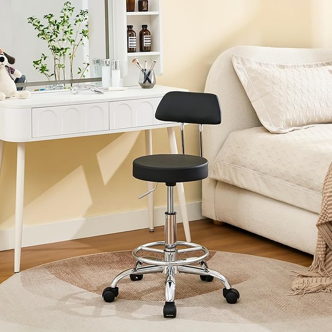 Rolling Stool with Back,Adjustable Height Foot Rest Rolling Salon Chair 19.5’’-26.6’’,Black Ergonomic Stool (Black)-DeskLoop Office