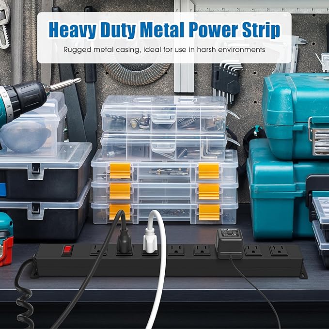 2Pack 8 Outlet Metal Wall Mount Power Strip, Mountable Outlet with Switch, Heavy Duty Wide Spaced Surge Protector, 10 FT SJT 14AWG Black Spring Cord.-DeskLoop Office