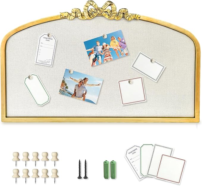 Vintage Arched Linen Cork Board with Gold Bowknot – Decorative Bulletin Board for Walls, Iron Frame Pin Board for Notes, Photos & Reminders, Elegant Vision Board for Home & Office 24"x 15"-DeskLoop Office