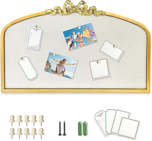 Vintage Arched Linen Cork Board with Gold Bowknot – Decorative Bulletin Board for Walls, Iron Frame Pin Board for Notes, Photos & Reminders, Elegant Vision Board for Home & Office 24"x 15"-DeskLoop Office