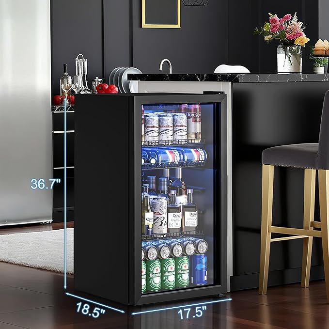 Beverage Refrigerator Cooler, 120 Can Drink Fridge with Glass Door for Soda Beer or Wine, Digital Temperature Control, Mini Fridge for Bedroom, Bar, Office (Black, 3.23 Cu.Ft)-DeskLoop Office