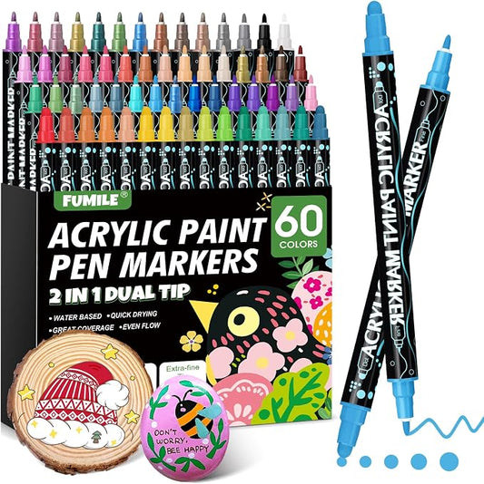 FUMILE 60 Colors Acrylic Paint Marker Dual Tip, Paint Pens Acrylic Markers by FUMILE