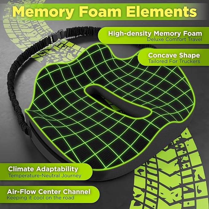 Large Truck Seat Cushion for Truck Driver Seat Cushion - Upgraded Back Support, CertiPUR-US® Certified - Thick Memory Foam, Pain Relief for Hours of Driving, Trucker Approved Big Rig - Black-DeskLoop Office