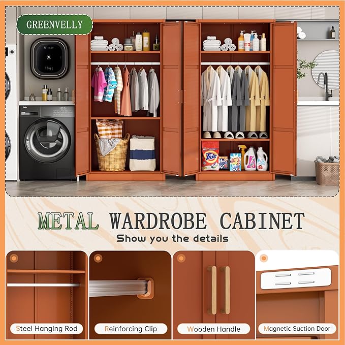 Greenvelly Metal Storage Wardrobe Cabinet, 72" Brown Metal Wardrobe Closet for Hanging Clothes with Doors and Shelves, Modern Steel Clothes Closet for Home, Office and Bedroom, School,Gym-DeskLoop Office