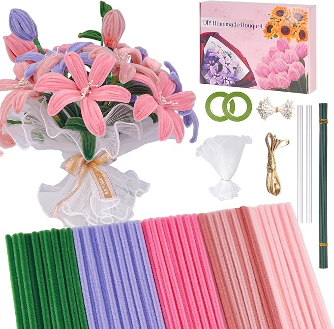 500 PCS Pipe Cleaners Craft Kit for Flower Making Lily DIY Material Bundle with 20 Stems, 100 Stamens, Ribbon, Tulle, Glue Sticks & Step-by-Step Guide Vibrant Colors, Non-Shedding, Fade-Resistant-DeskLoop Office