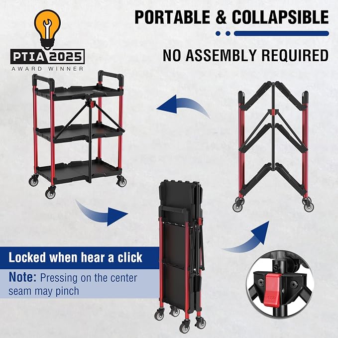 WORKPRO 3-Tier Collapsible Service Cart, 210 LBS Foldable Utility Cart - Image 2