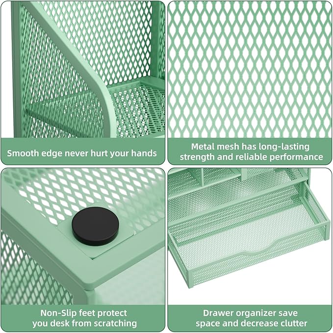 Marbrasse Mesh Pen Holder for Desk, Multi-Functional Pencil Organizer with Drawer, Desk Organizers and Accessories for Office Art Supplies (Green)-DeskLoop Office