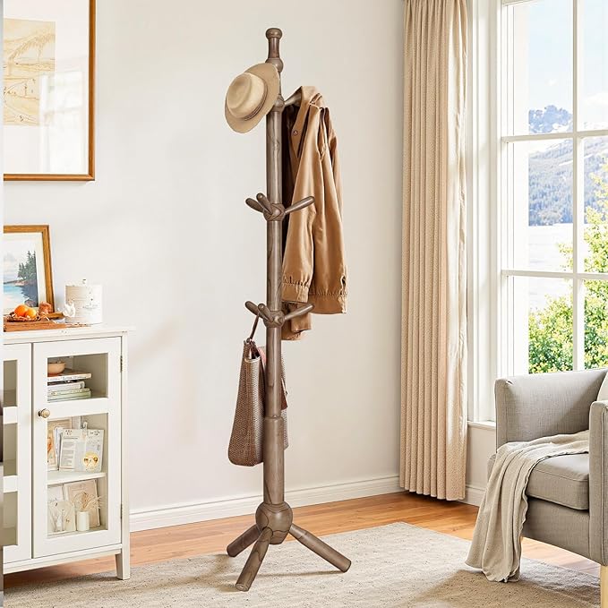 Wooden Coat Rack Stand - Coat Rack Freestanding with 9 Hooks, Adjustable Height, Clothes Hat Organizer, Heavy Duty Coat Hanger Stand for Bedroom, Entryway, Hallway, Office, Dorm, Walnut-DeskLoop Office