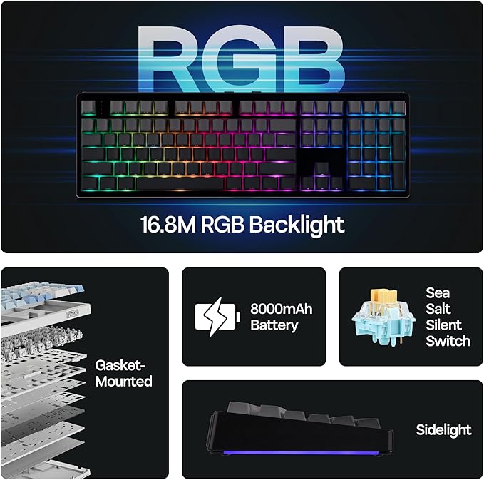 EPOMAKER TH108 Full Size Mechanical Keyboard, Wireless Gaming Keyboard, 8000mAh Battery, Creamy Gasket, 108 Keys, Hot Swap, Custom Driver, RGB Backlights (Black, Sea Salt Silent Switch)-DeskLoop Office
