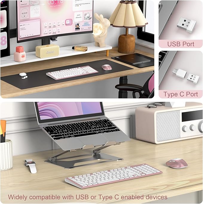 FENIFOX Wireless Keyboard and Mouse, Ergonomic Rechargeable Silent Quiet Slim Compact Full-Size USB C with Number Pad Flat Soft Cover for PC Computer Laptop Mac MacBook iMac Windows - Pink Rose Gold-DeskLoop Office