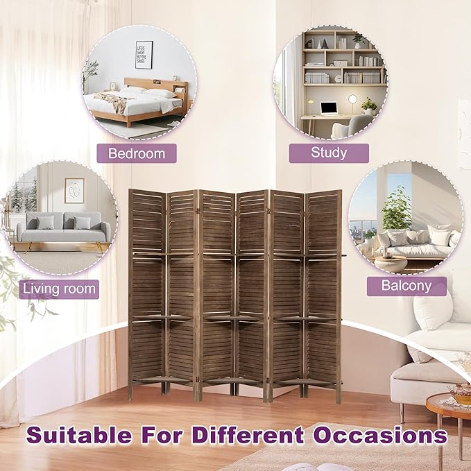 Room Divider with Shelves, 5.6FT Folding Room Divider Panel, 6 Panel Wood Partition Wall Divider for Room Separation, Dark Brown-DeskLoop Office