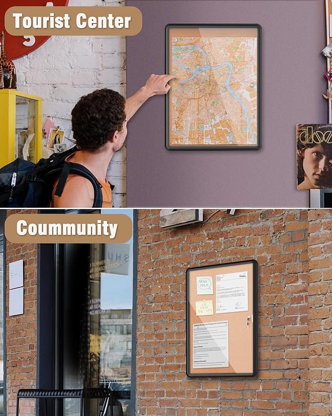 26"x20" Enclosed Bulletin Board, Lockable Weather-Resistant Aluminum Cork Noticeboard for School & Office, Black Frame w/Cork-DeskLoop Office