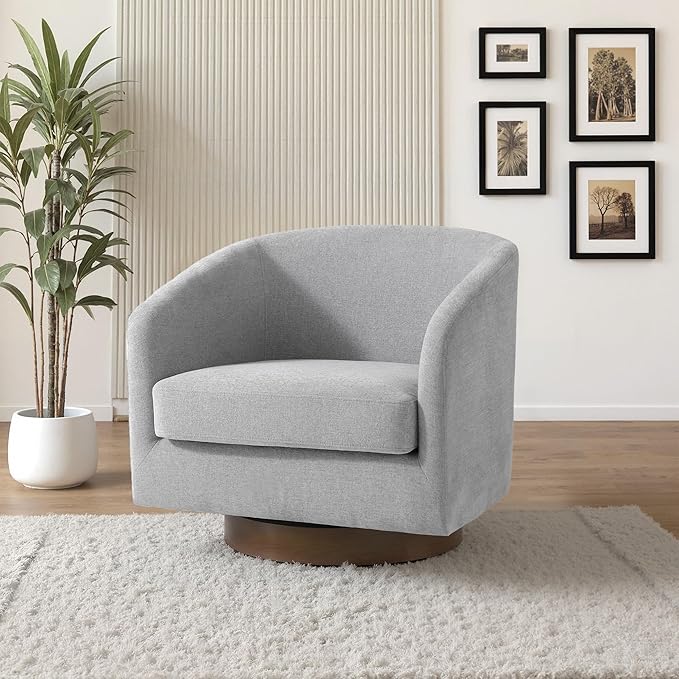UIXE Swivel Accent Chair with Wood Base, Chenille Upholstered Barrel Chairs for Living Room, Comfy Round Armchair Single Sofa Bedroom Reading Seat - 31" W, Light Gray-DeskLoop Office