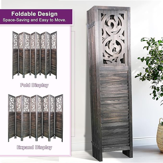 Room Divider, 5.6FT Folding Room Divider Panel, 8 Panel Craved Wood Partition Wall Divider for Room Separation, Rustic Brown-DeskLoop Office